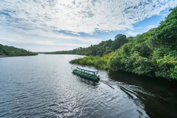 Motorized boat traveling along the river toward Tambopata National Reserve